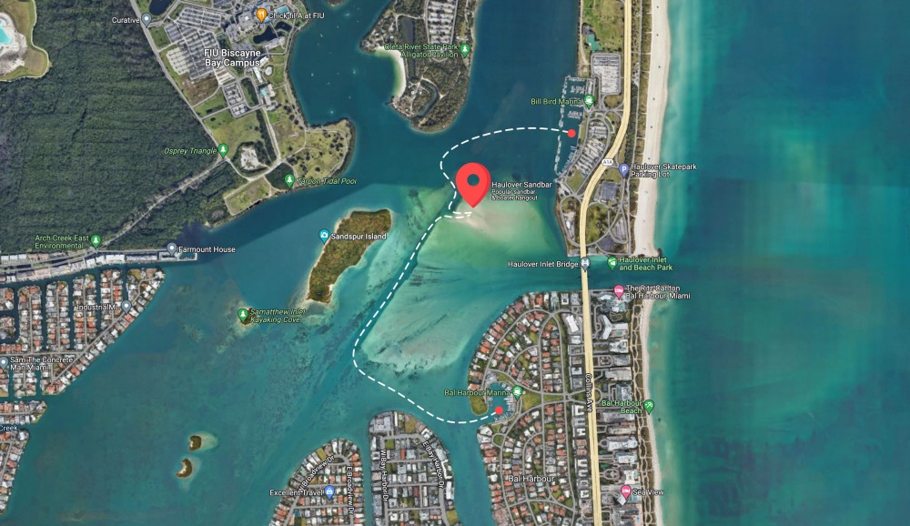 a map of the location of Haulover Sandbar