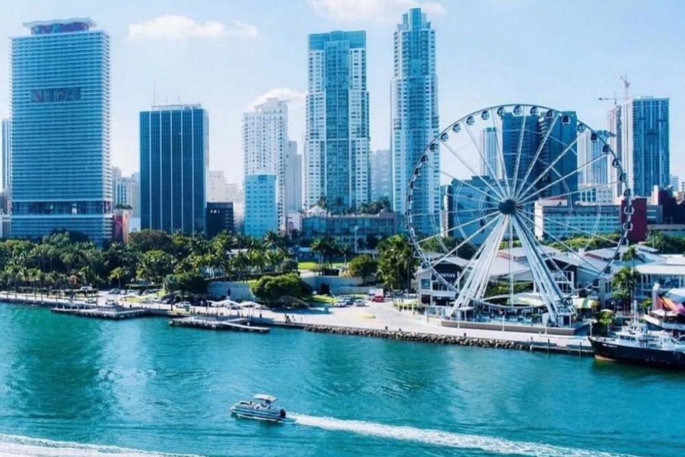 Bayside Marketplace drone view with Miami in the background