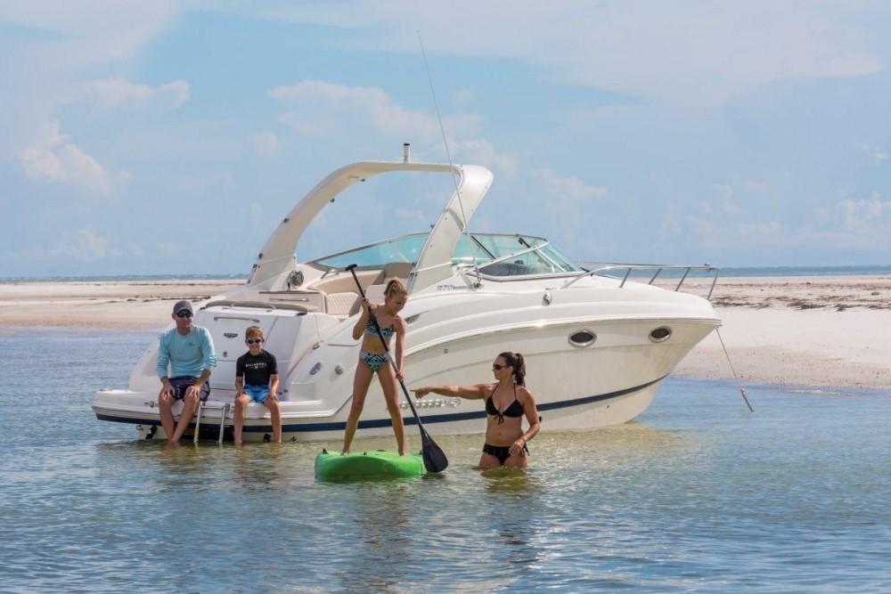 A family enjoying boating near a beach. A girl standing on a paddle-board and